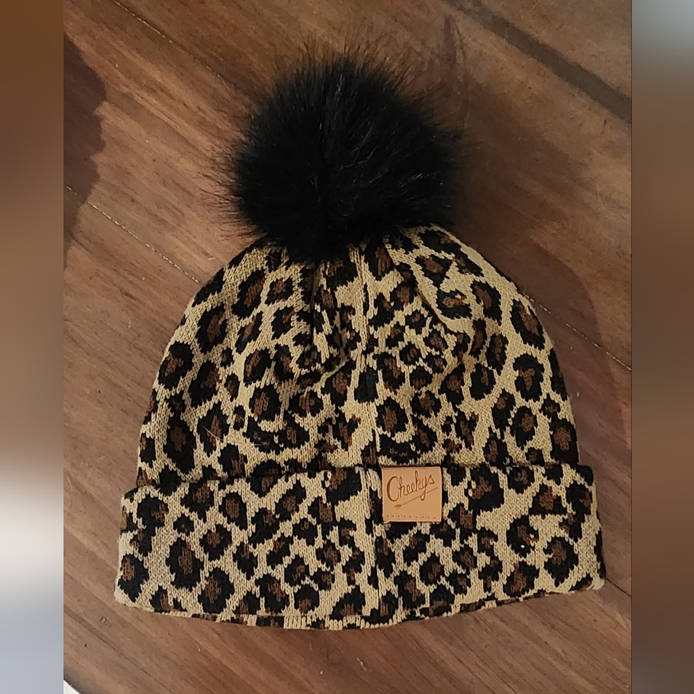 Leopard Print Kids Beanie with Black Pom